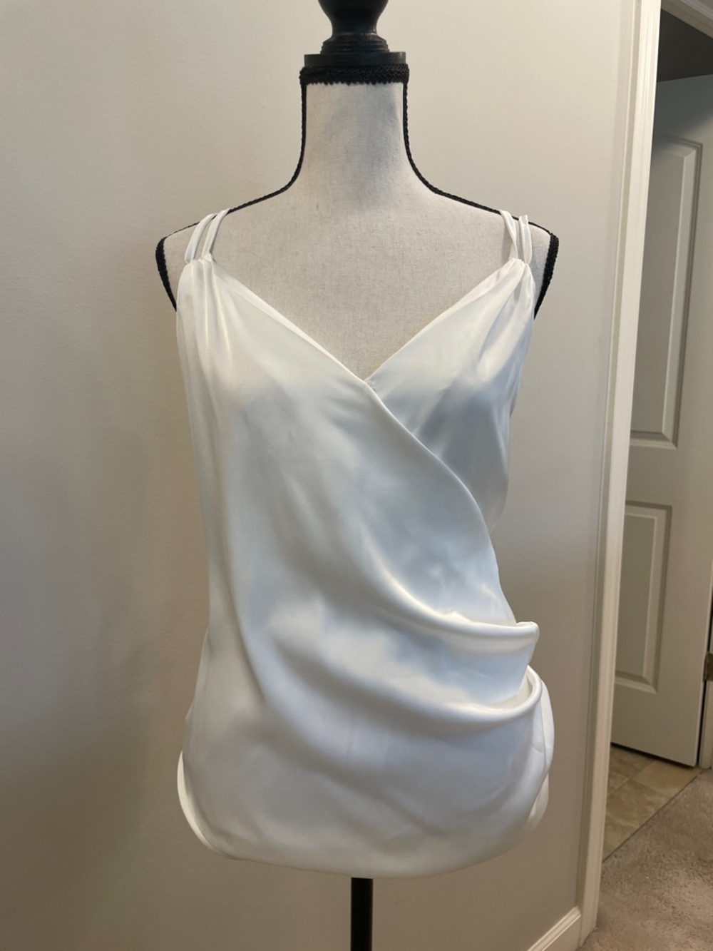 White Satin Draped V-Neck Cami Top
